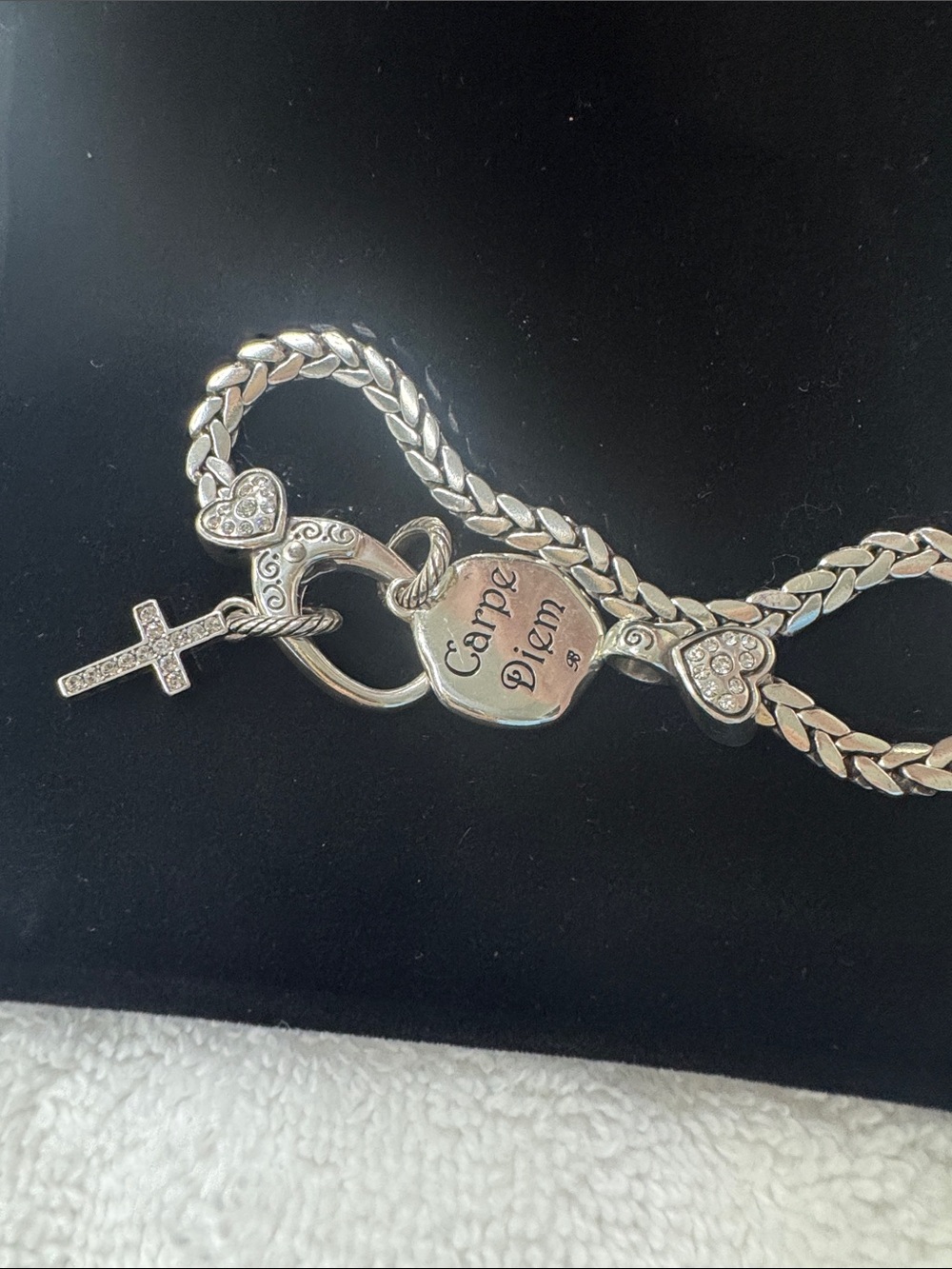 Sterling Silver and Gold Accent Charm Bracelet with Cross and Heart Charms - Picture 2 of 2